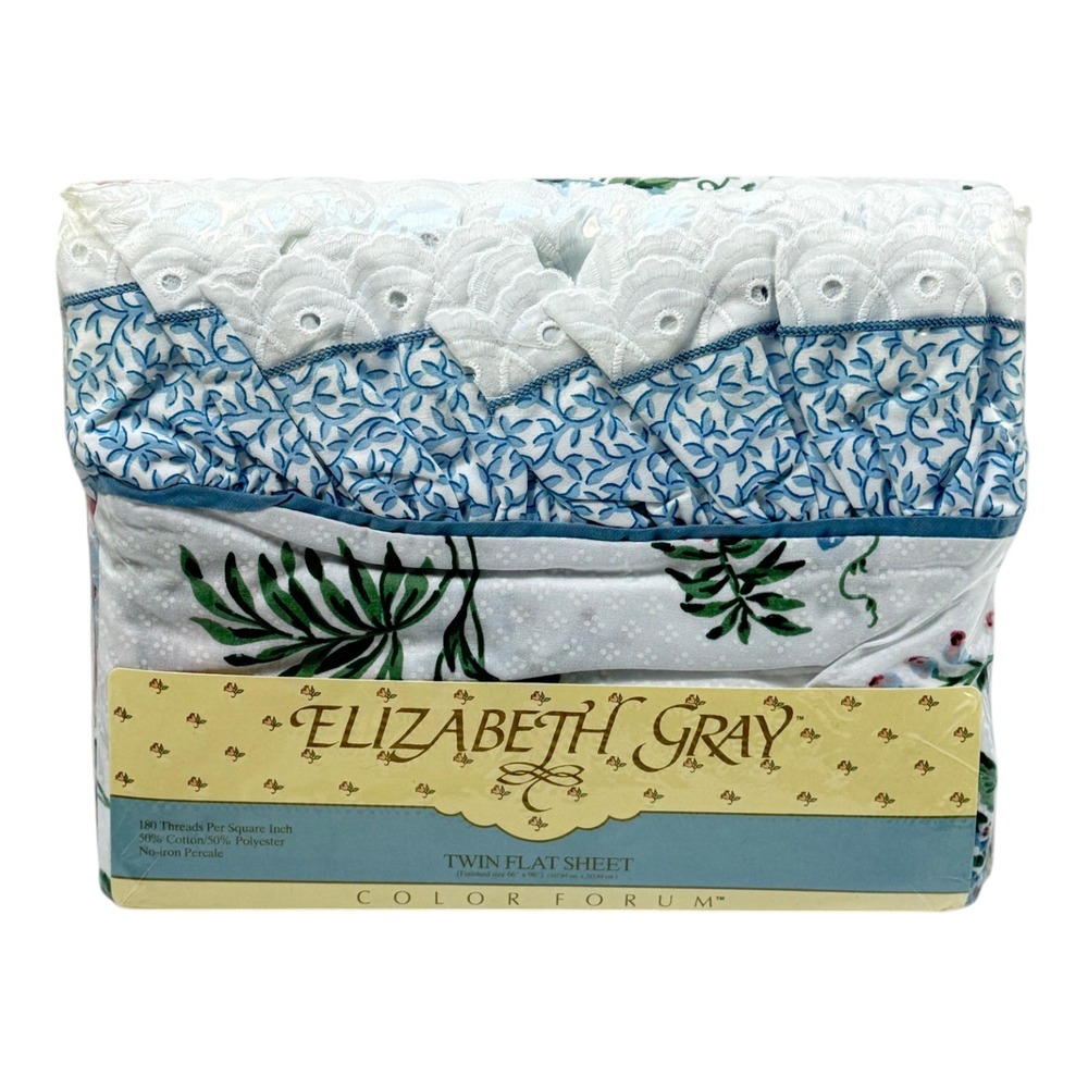Elizabeth Gray Twin Flat Sheet White Blue Eyelet Floral New Vintage 90s JC Penny